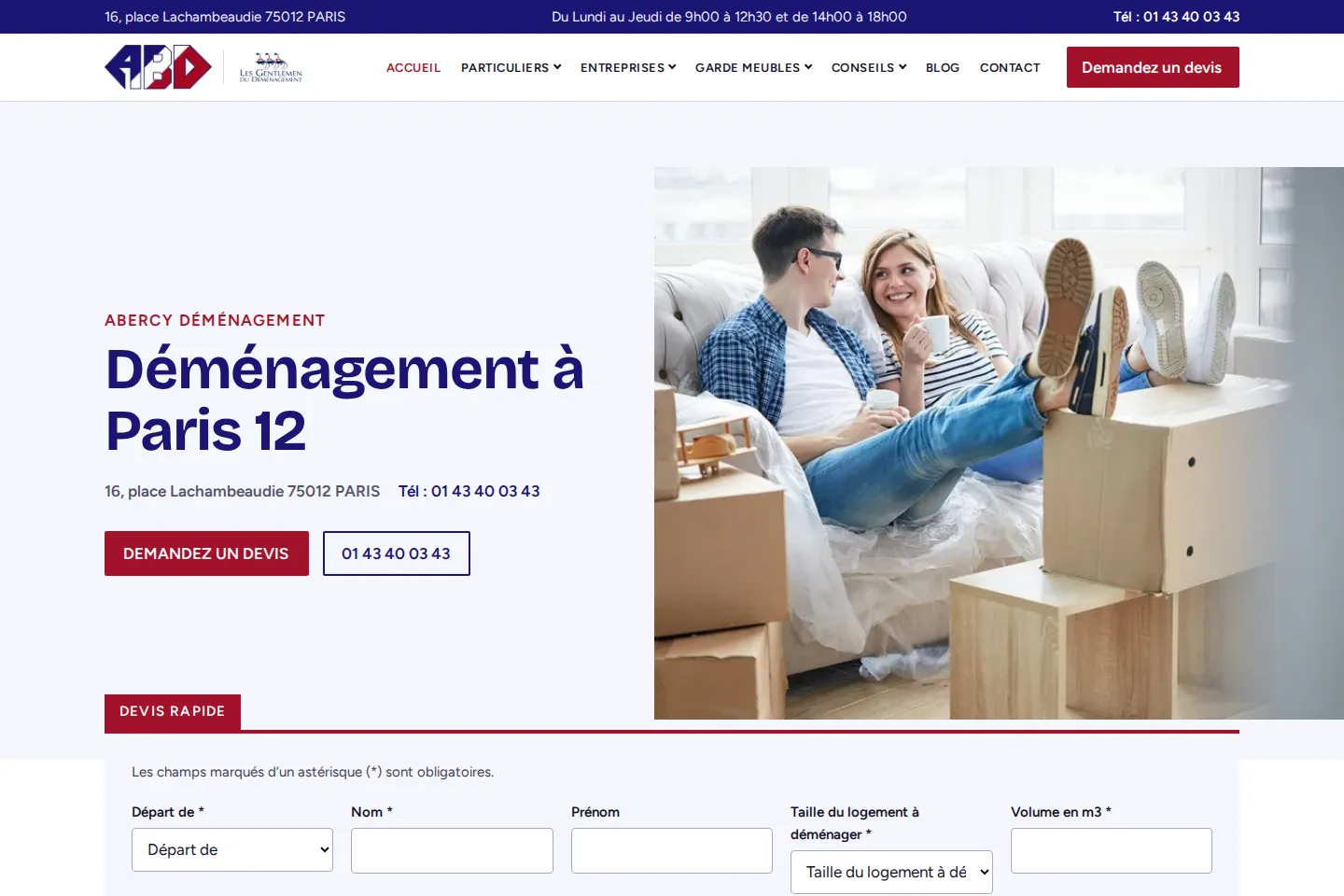 Page d’accueil du nouveau site A Bercy Déménagements