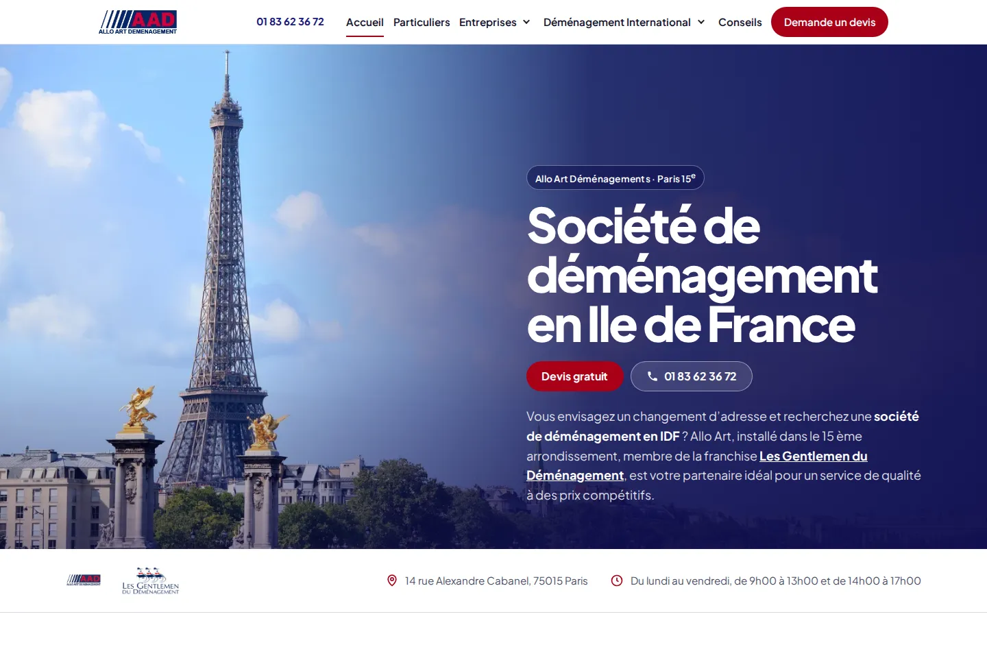 Page d’accueil du nouveau site Allo Art Déménagements